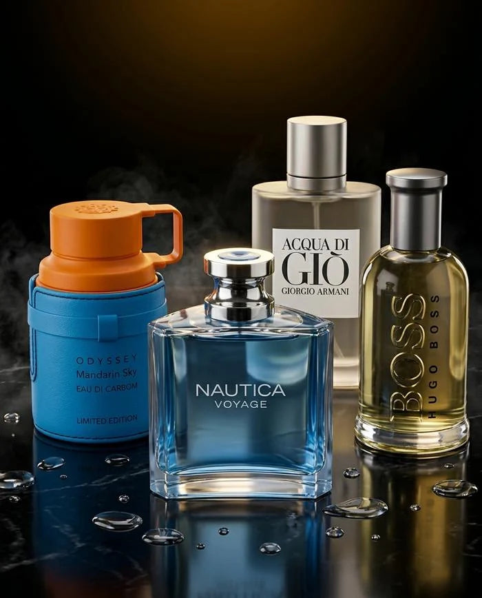 Combo 4 Fragancias Premium: Nautica Voyage, Acqua Di Gio, Hugo Boss Bottled y Odyssey Mandarin Sky
