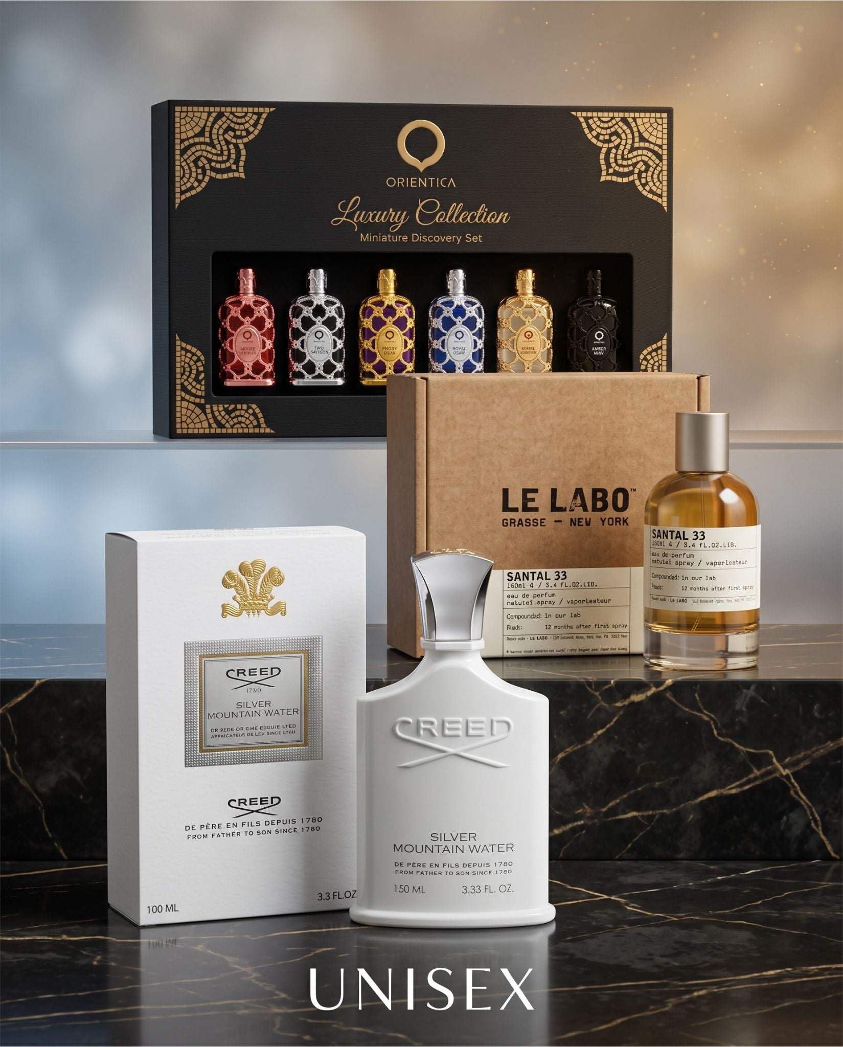 Combo Lujo Creed Silver Mountain Water, Le Labo Santal 33 y Estuche 6 Miniaturas Orientica