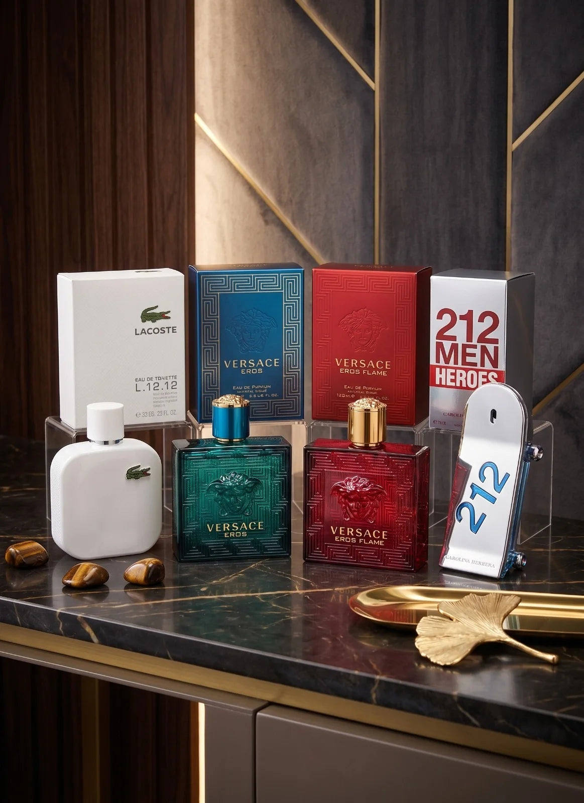 Combo 4 Fragancias - Lacoste L.12.12 Blanc, Versace Eros, Versace Eros Flame y Carolina Herrera 212 Heroes