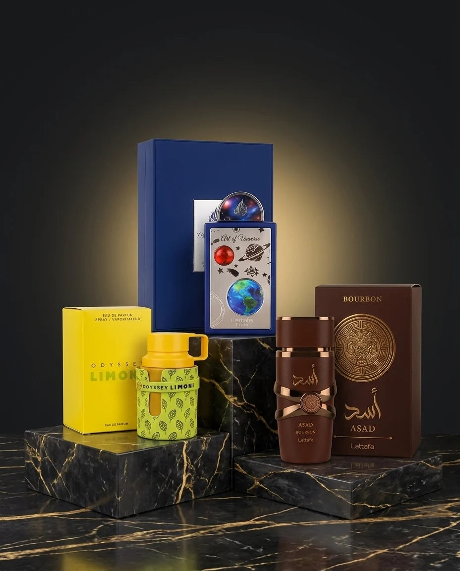 Combo 3 Fragancias Unisex - Armaf Odyssey Limoni, Lattafa Pride Art of Universe y Lattafa Asad Bourbon